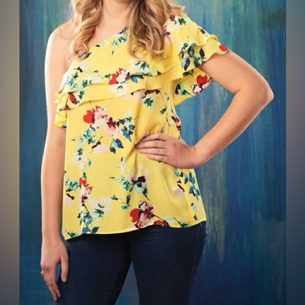 Rose‎ + Olive  Yellow Floral One Shoulder Sleeveless Ruffle Blouse Top Medium M